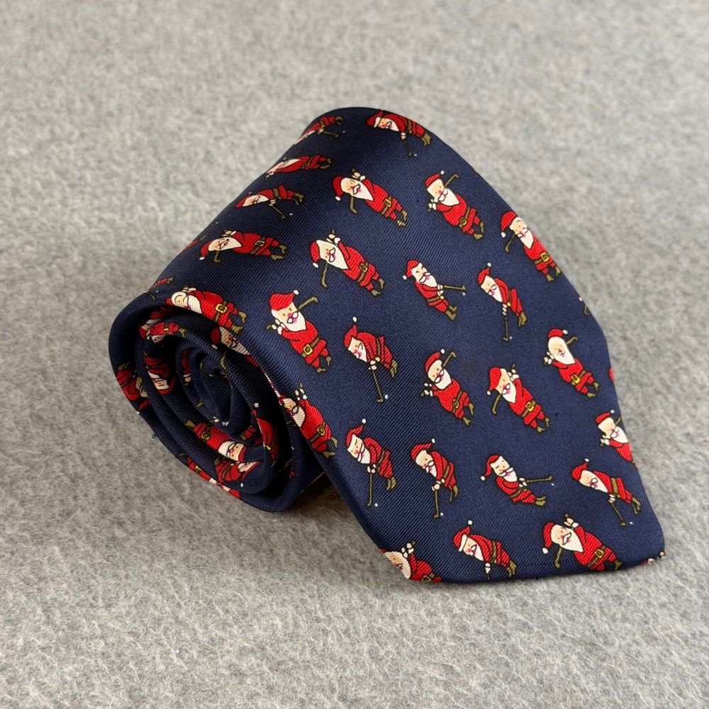 Vintage Alynn Neckwear Golfing Santa Silk Tie Navy Christmas Holiday Golf 58x3.6